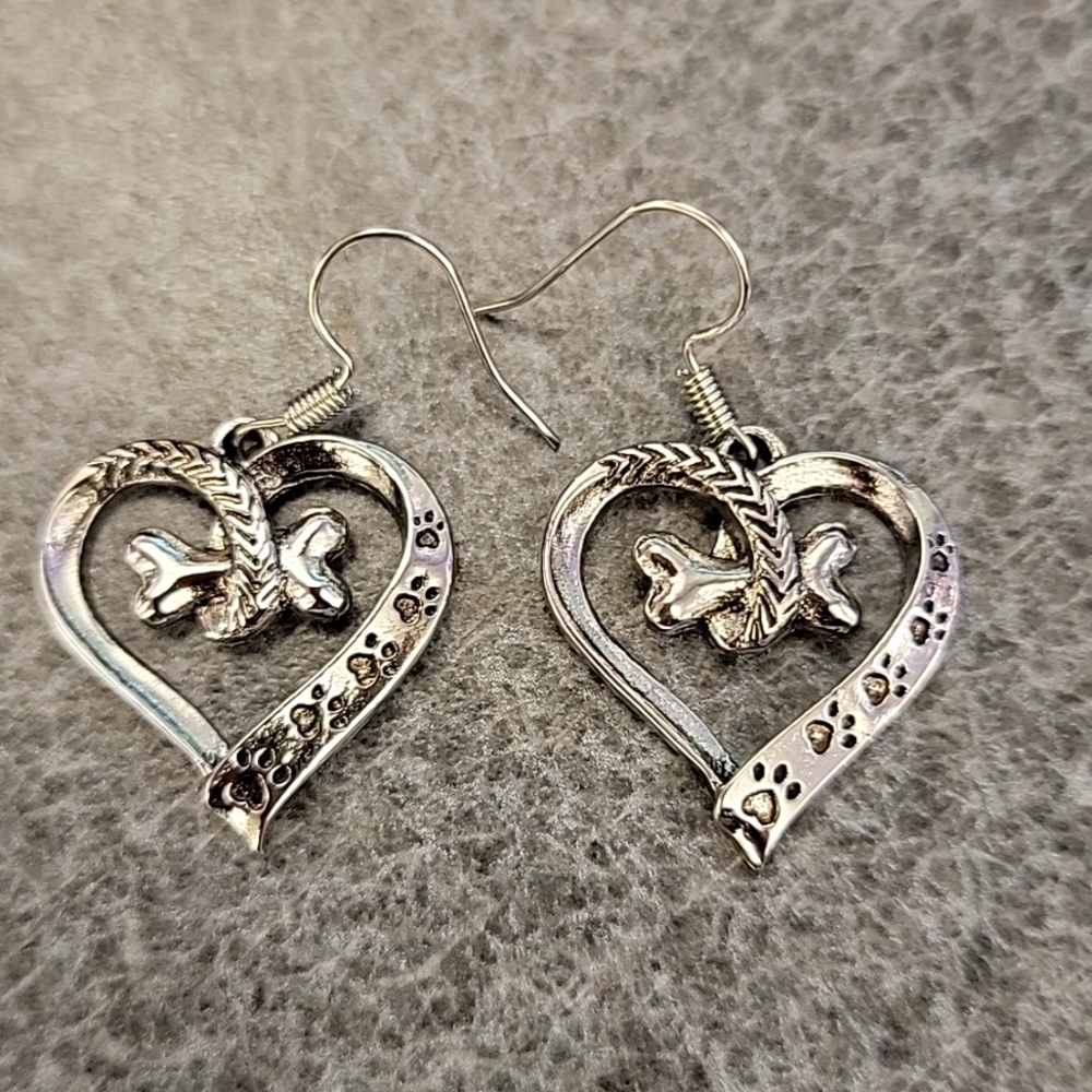 Cute Heart Dog Paw Print Dangle Earrings